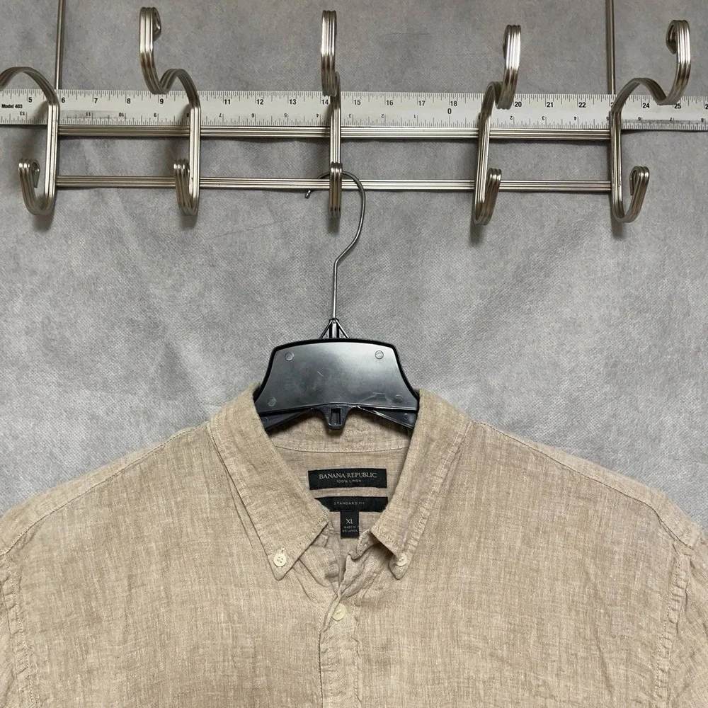 Banana Republic Shirt Men XL Beige Linen Hopsack Standard Button Casual Academia